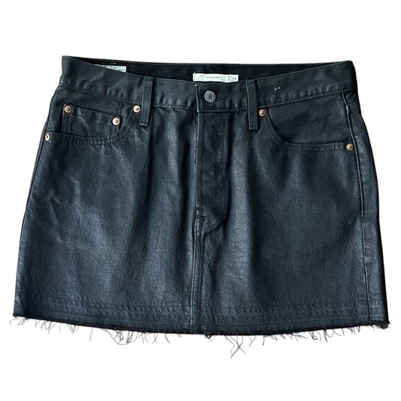 Levi’s Icon Button Fly Raw Hem Coated Denim Black Mini Skirt 29X14 - Picture 1 of 8